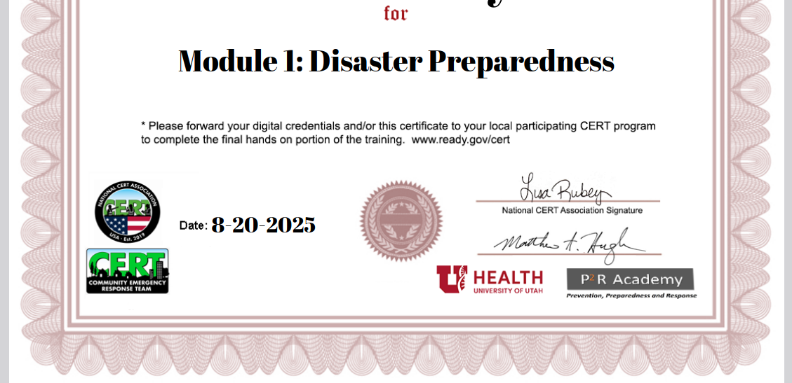 the bottom half of a certificate with an engraved border and the words "for Module 1: Disaster Preparedness" and various CERT signatures, seals, and slugs
