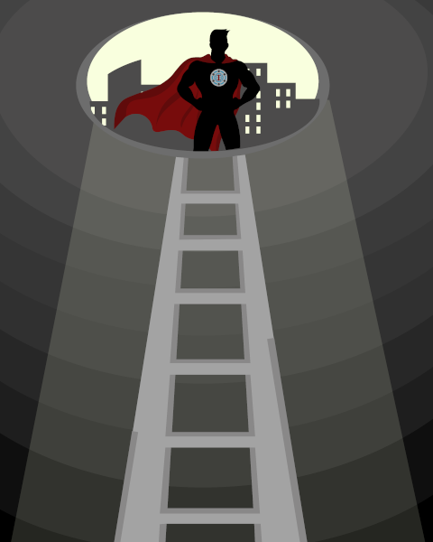illustration looking up from a subterranean tunnel at a ladder that reaches an access opening; standing over the opening is a superhero in silhouette wearing a red cape with an "I" emblem on his chest