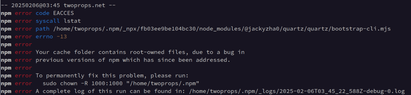 screenshot of an npm error message admitting fault but giving faulty directions for fixing the error