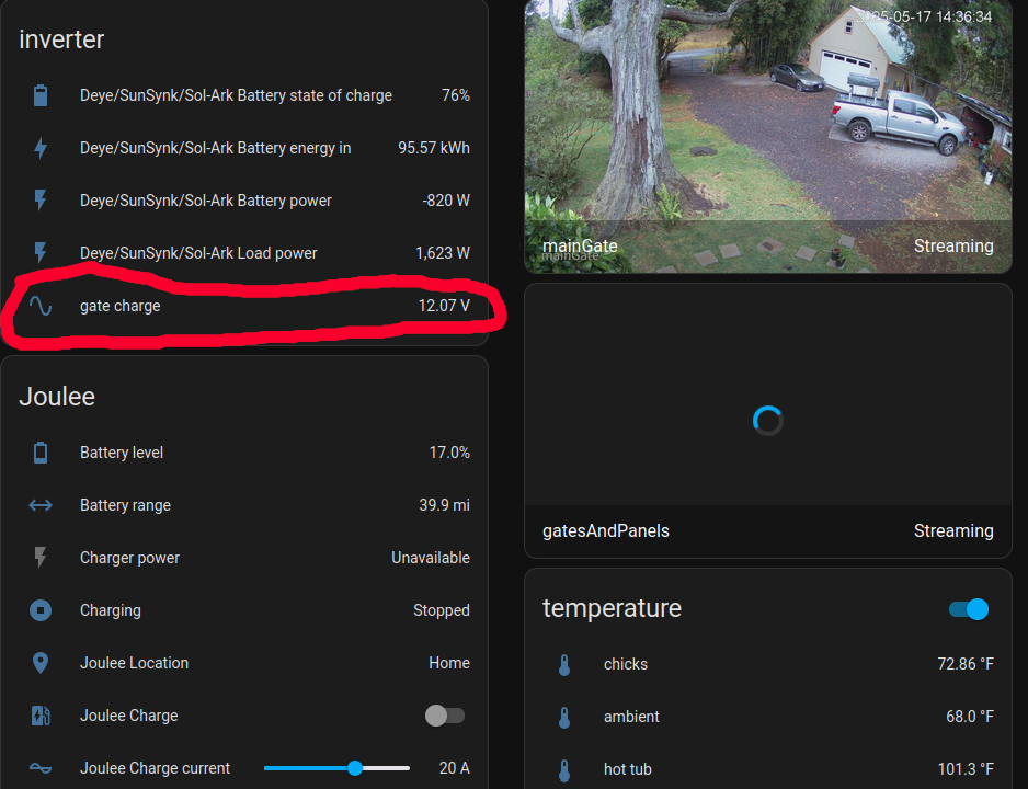 screenshot of my HomeAssistant dashboard showing cameras and other monitors, with the gate battery voltage highlighted