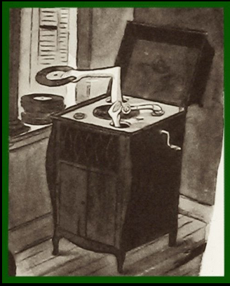 Charles Addams cartoon showing a record player with arms extending from the base moving the record and tonearm