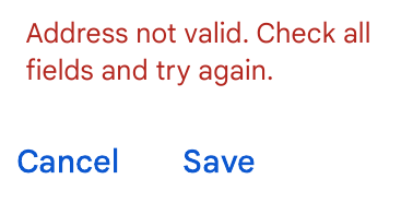 screenshot of an error message that says "Address not valid. Check all fields and try again."