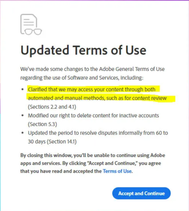 a screenshot of a window that requires you accept invasive new licensing terms before you can use your production software suite