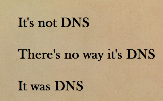 sign saying It's not DNS/There's no way it's DNS/It was DNS