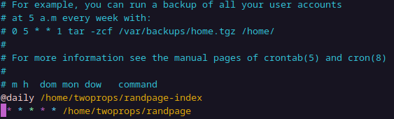 screenshot showing a crontab file with entries for randpage-index and randpage
