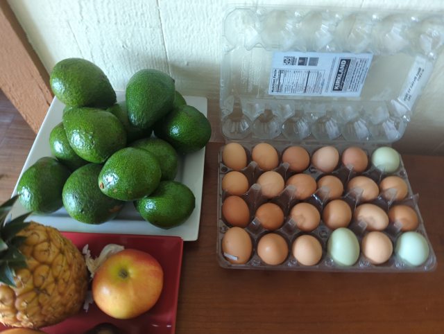 photo of a square plate with a dozen avocados piled on it next to a punnet of eighteen small eggs, mostly brown but with three or four green ones