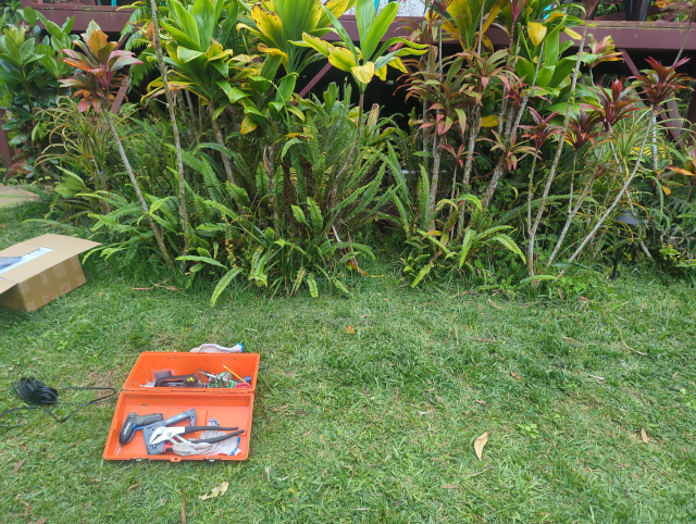 photo of the backyard below the deck with the yard lights being re-wired; on open fluorescent-orange toolbox and a spool of wire are visible