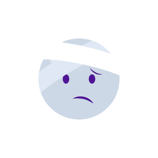 illustration of a round cartoon head, frowning, with bandages crossed on the forehead