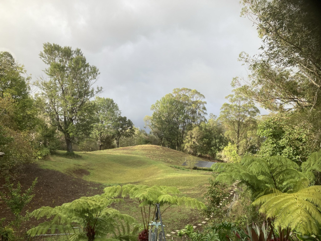 photo of the pasture covered in dappled sunlight with cumulus cloud cover above