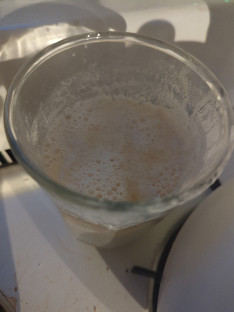 photo of sourdough starter with bubbles on top