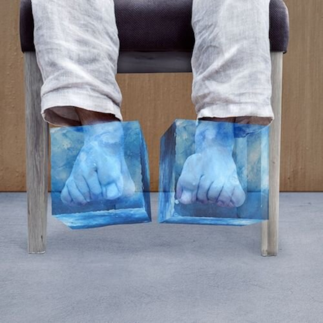 picture of a person sitting with their feet frozen into blocks of ice