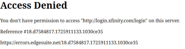 screenshot showing an unfriendly error message when trying to access the Xfinity login page