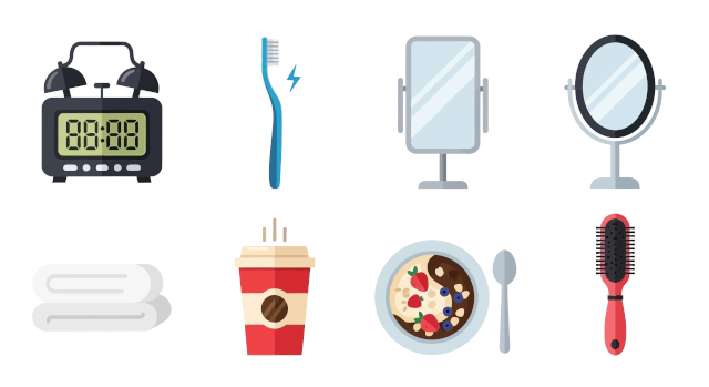 illustration of an alarm clock, toothbrush, makeup mirrors, towels, coffee cup, oatmeal bowl, and hairbrush