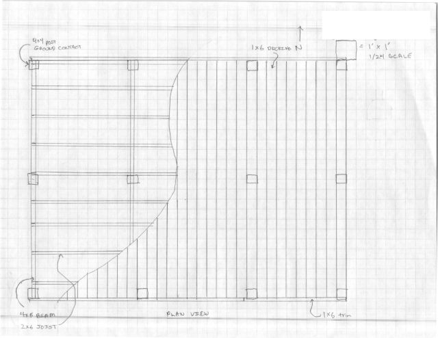 a pencil-and-paper drawing of the plan for the pavilion deck