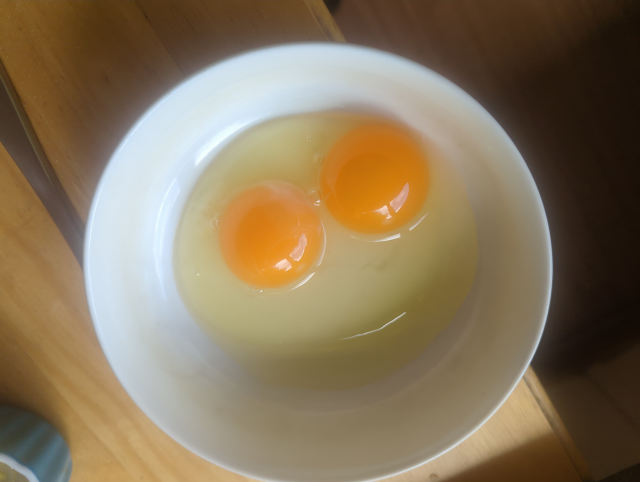 photo of a double-yolk egg in a bowl