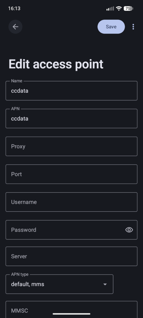 screenshot showing the Edit access point screen on a GrapheneOS phone; the fields "Name" and "APN" are populated with "ccdata" and the field "APN type" is "default, mms"