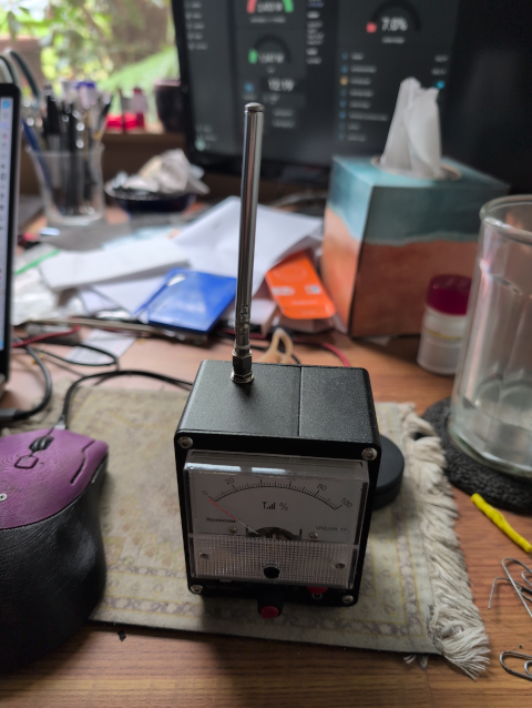 photo of an analog field strength meter; it is topped by a telescoping antenna