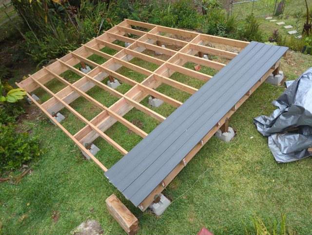 photo of the deck with a few of the decking boards laid in place