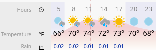 screenshot of a weather forecast predicting about 0.05" of rain in the afternoon