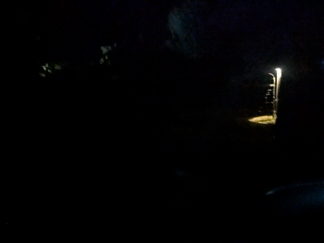 photo closer to the gate; a small light is shining on the post illuminating the gate latch