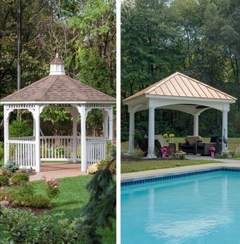 photo collage with a gazebo on the left and a pavilion on the right