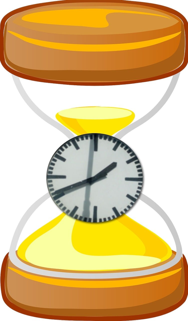 drawing of a clock-face timer over an hourglass