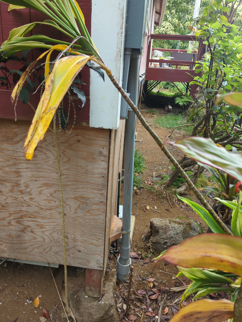 photo of the house service panel with a heavy-gauge copper wire leading to a copper ground rod