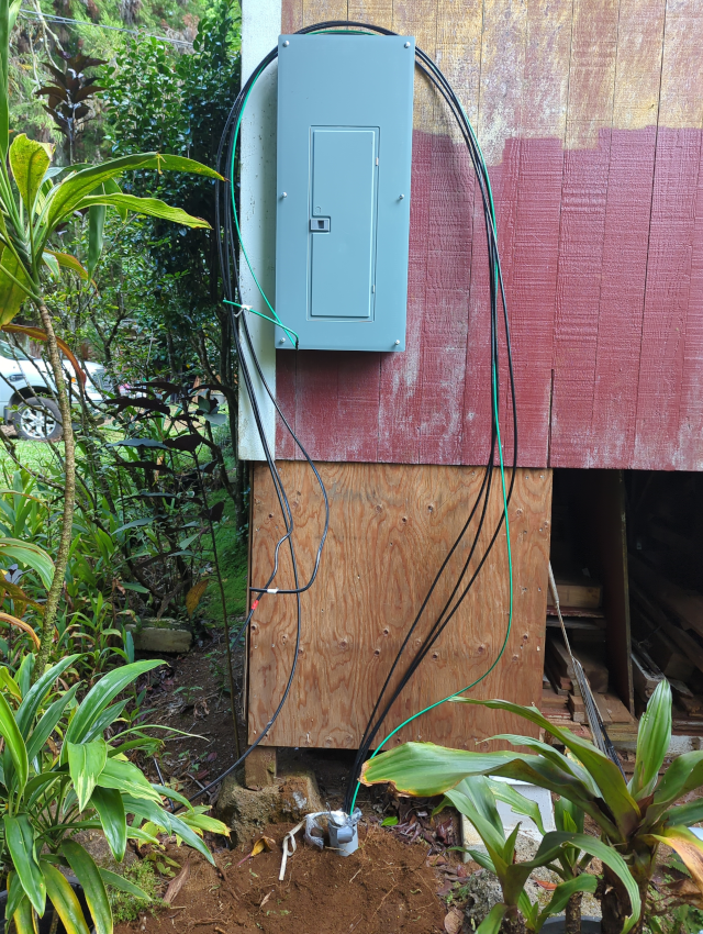 photo showing the house subpanel with the feeder wires hanging nearby