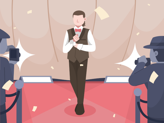 Illustration of a man on stage in a vest and bow tie being photographed with confetti thrown at him