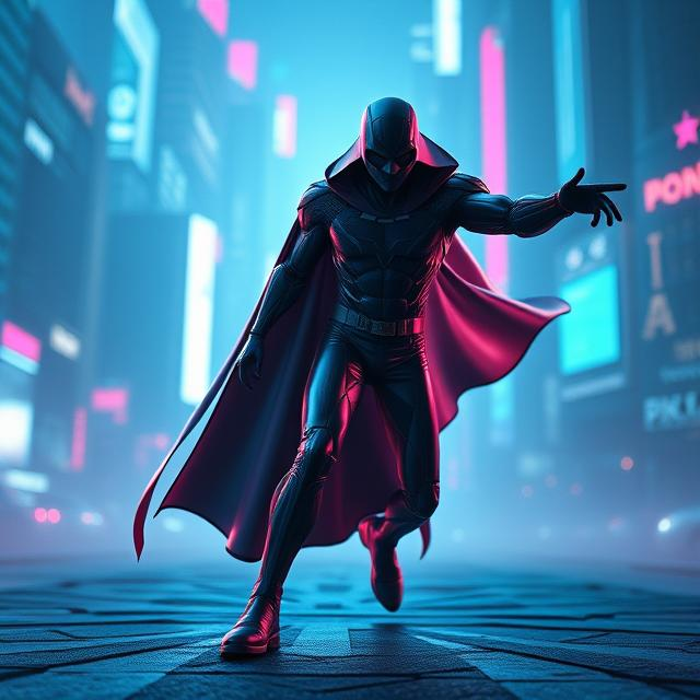 AI-generated image of a superhero in a cape pointing downward
