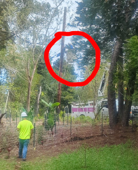 photo showing a line worker on the ground and another up on a pole in a cherry picker, fixing our fiber drop