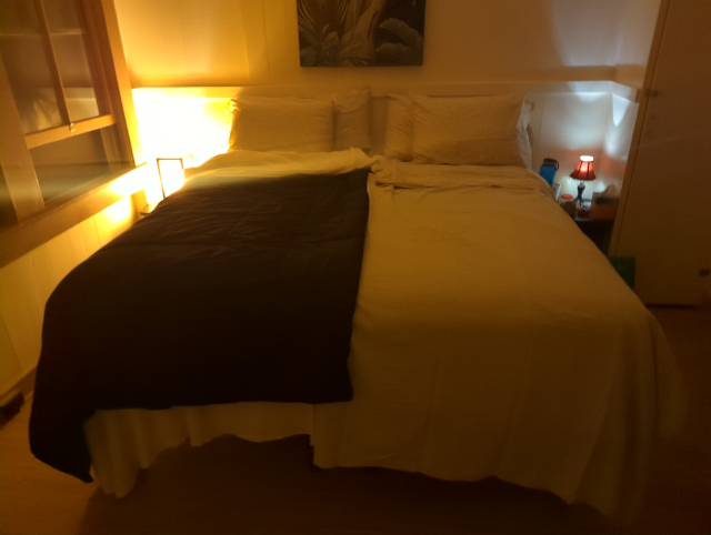 photo of a king-size bed in our bedroom, made Scandinavian-style with two sets of bedclothes side-by-side