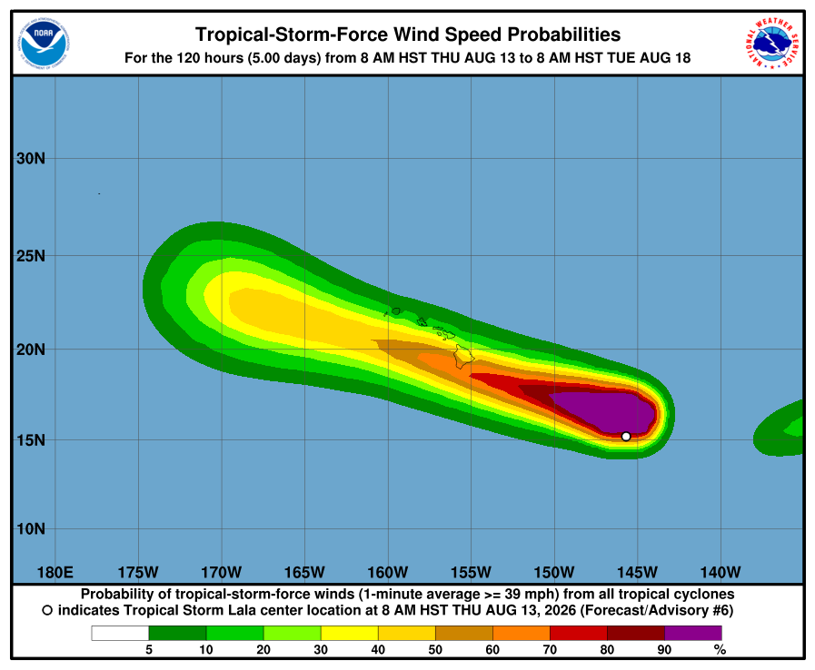a national weather service map showing the projected winds caused by hurricane Lala over the next five days