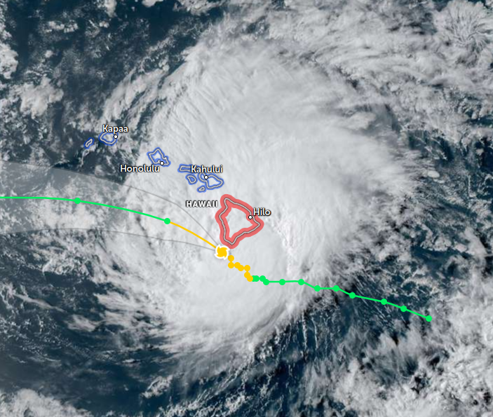 zoom.earth satellite image of Hurricane Lala at 2026-08-15T17:09-10:00 showing the eye of the storm passing just south of the Big Island