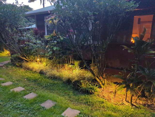 photo of the front of the house at dusk with new landscape lighting