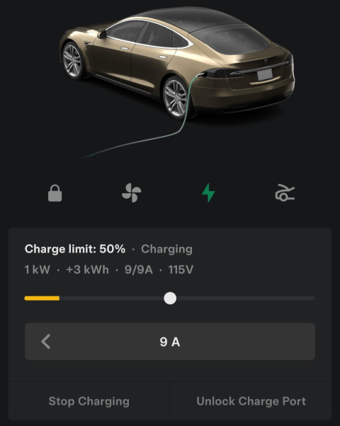 a screenshot from the Tesla app showing Joulee the Free Salvage Tesla charging at 1kW