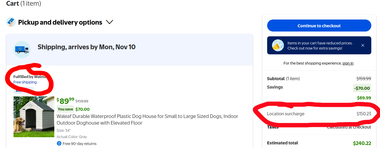 screenshot of the order summary page for a $90 item from Walmart with "free shipping" but a $150.23 "Location surcharge" added