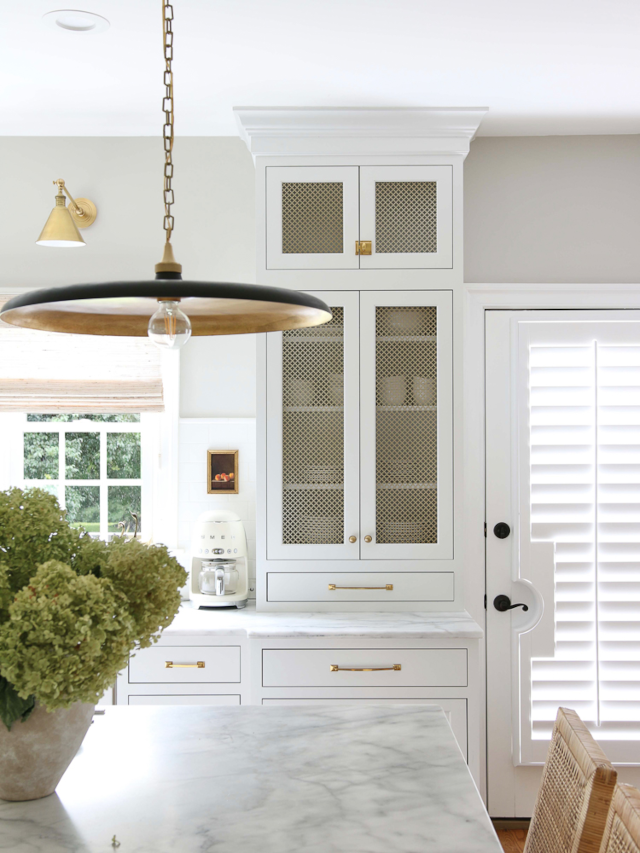 photograph of white kitchen cabinets with mesh inserts in the doors