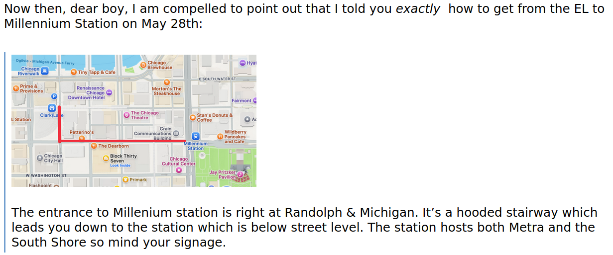 screen shot of an email wherein reader Dave gives explicit directions to Millenium Station