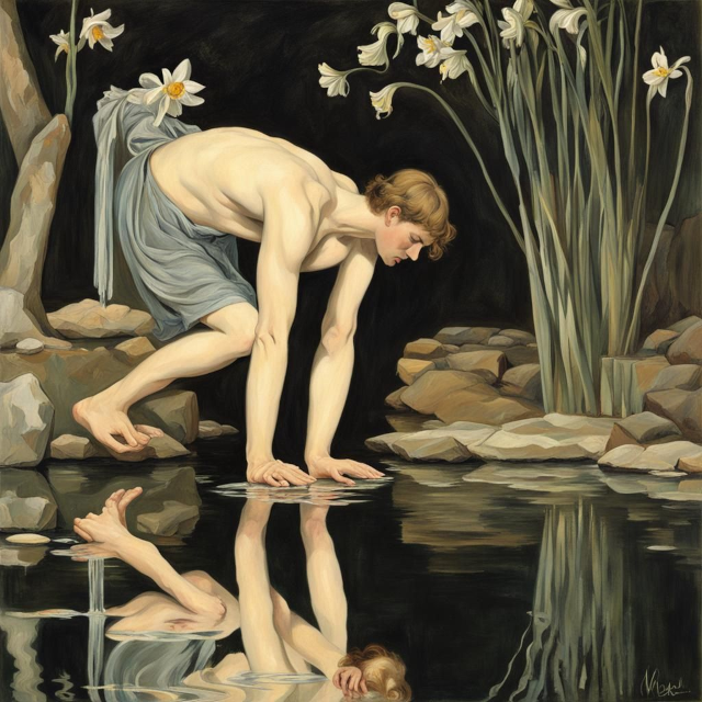 an AI-generated image of narcissus falling in love with his own image