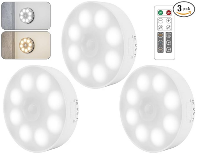 photograph of three circular rechargeable motion-controlled night lights