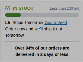screenshot of the appliance parts vendor's web page boldly asserting that "Over 94% of our orders are delivered in 2 days or less"