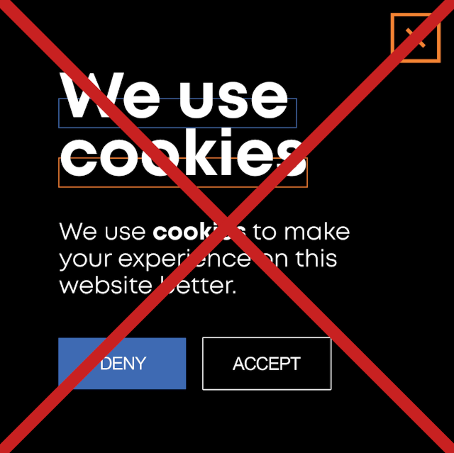 a fake cookie consent banner with a red X through it