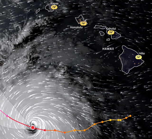 animated gif from zoom.earth showing Nolo, now a Category 4 major hurricane, moving westward away from the Hawai'ian Islands