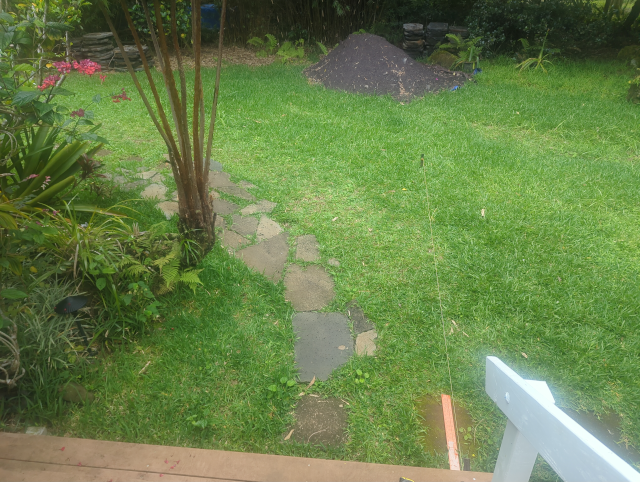 photo looking from the front steps to the old path; a staked line is visible to the right and there's a pile of dark wet sand in the background along with stacks of lava rock paving stones