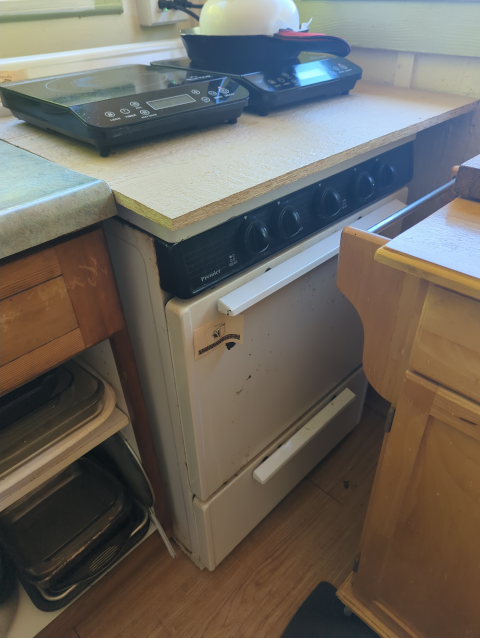 photo of the old gas range, turned into counter space with induction burners on top of it
