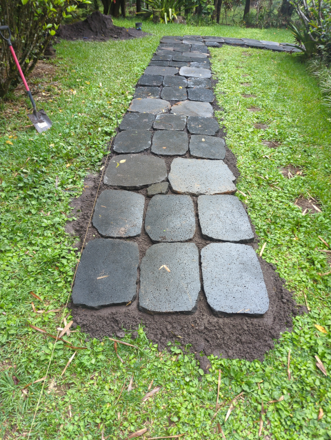 photo looking at the new path toward the front door with four more ranks of stones laid