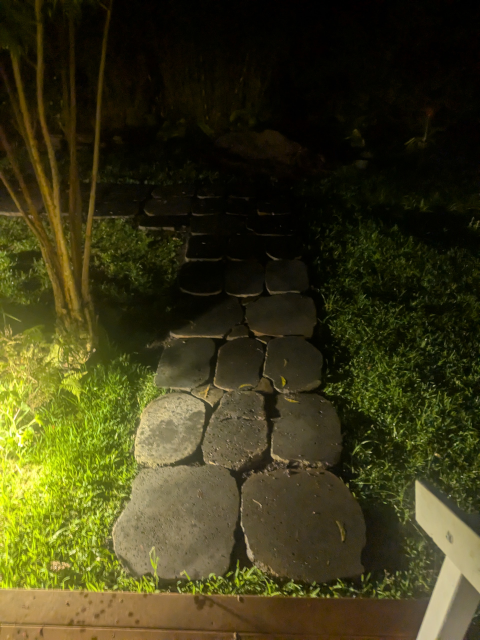 photo of the lava rock path from the front porch to the bend, in the dark and rain but illuminated by the landscape lighting