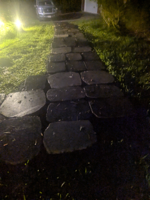 photo of the lava rock path from the bend to the gravel driveway, in the dark and rain but illuminated by the landscape lighting