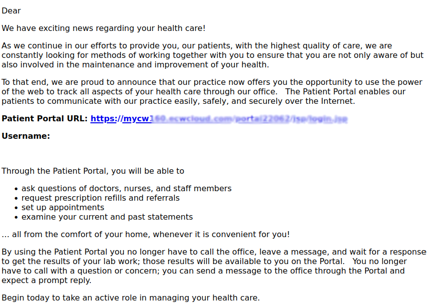 screenshot of an email from "your doctor" inviting me to sign up for a patient portal